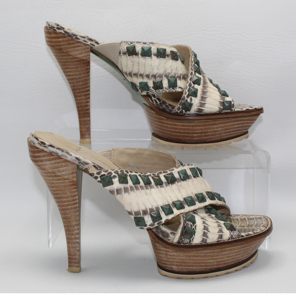Lisa for Donald J Pliner Snakeskin Studded Platform Mules Ivory Teal 7M